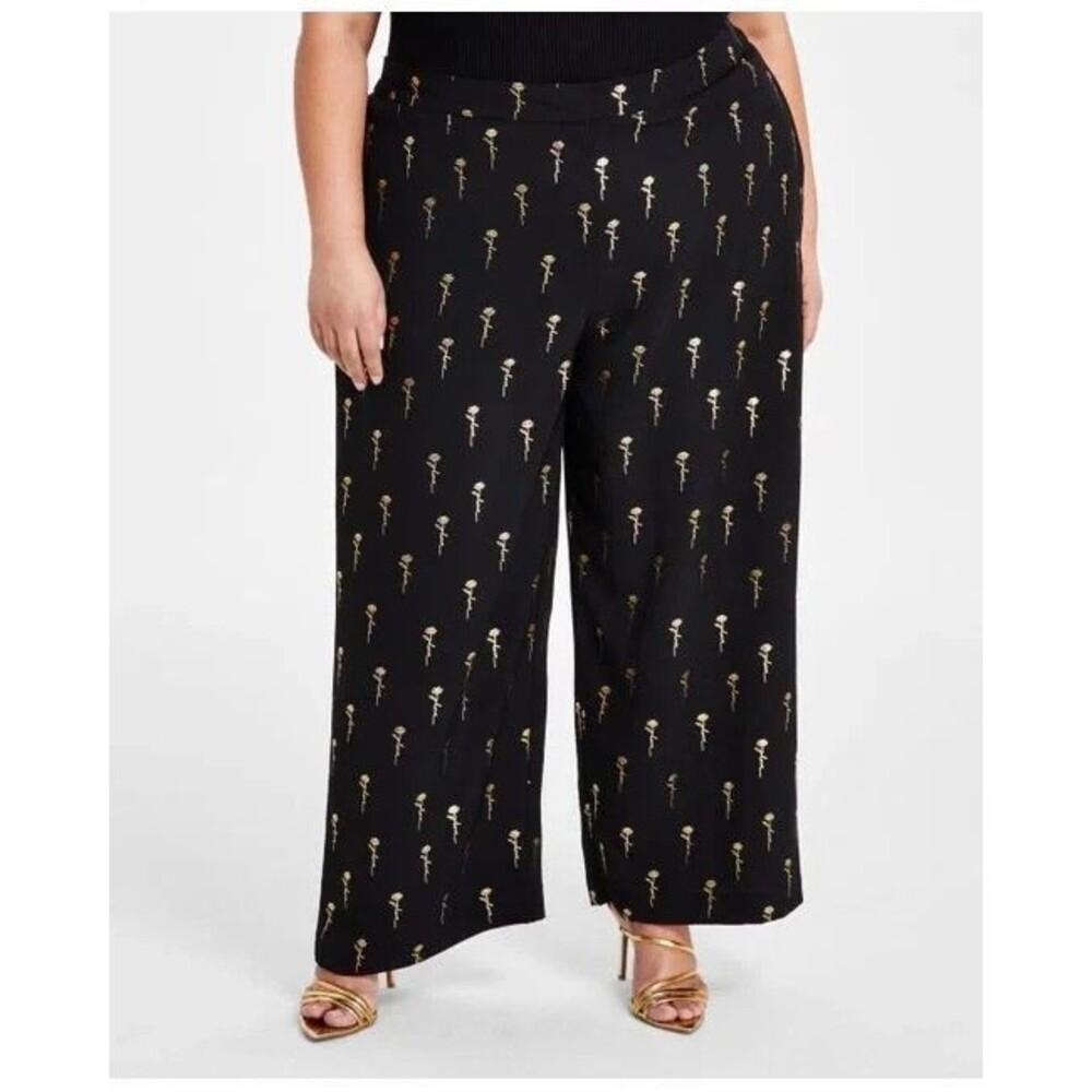 Nina Parker Women's Plus Size Metallic Script-Print Pants Black Gold Foil 4X